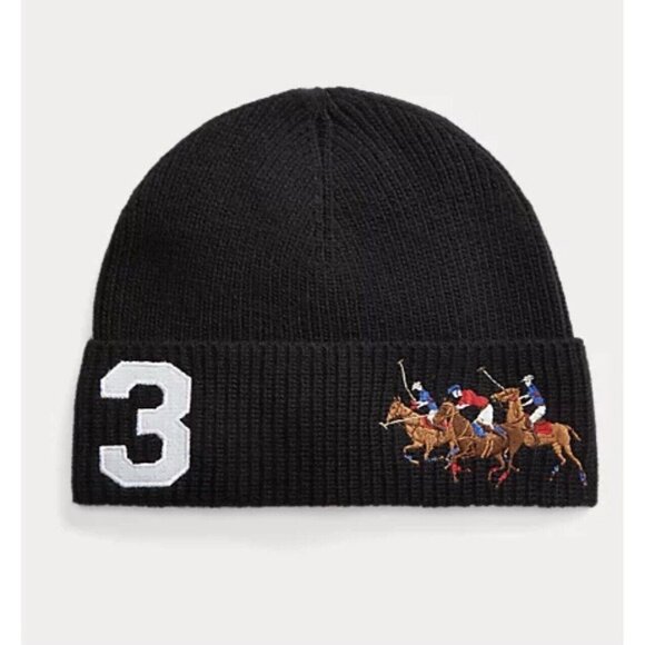 Polo Ralph Lauren Other - NWT POLO RALPH LAUREN Mens Black Wool Blend Triple Pony Rib-Knit Beanie Cap  O/S
